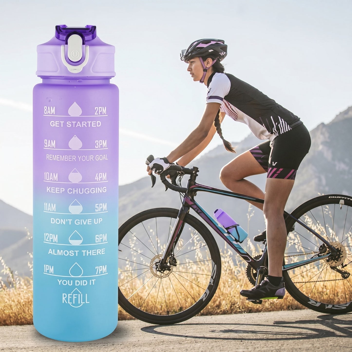 Motivational Water Bottle 900ml with Time Marker & Straw – Leakproof Sipper Bottle (Multicolor)