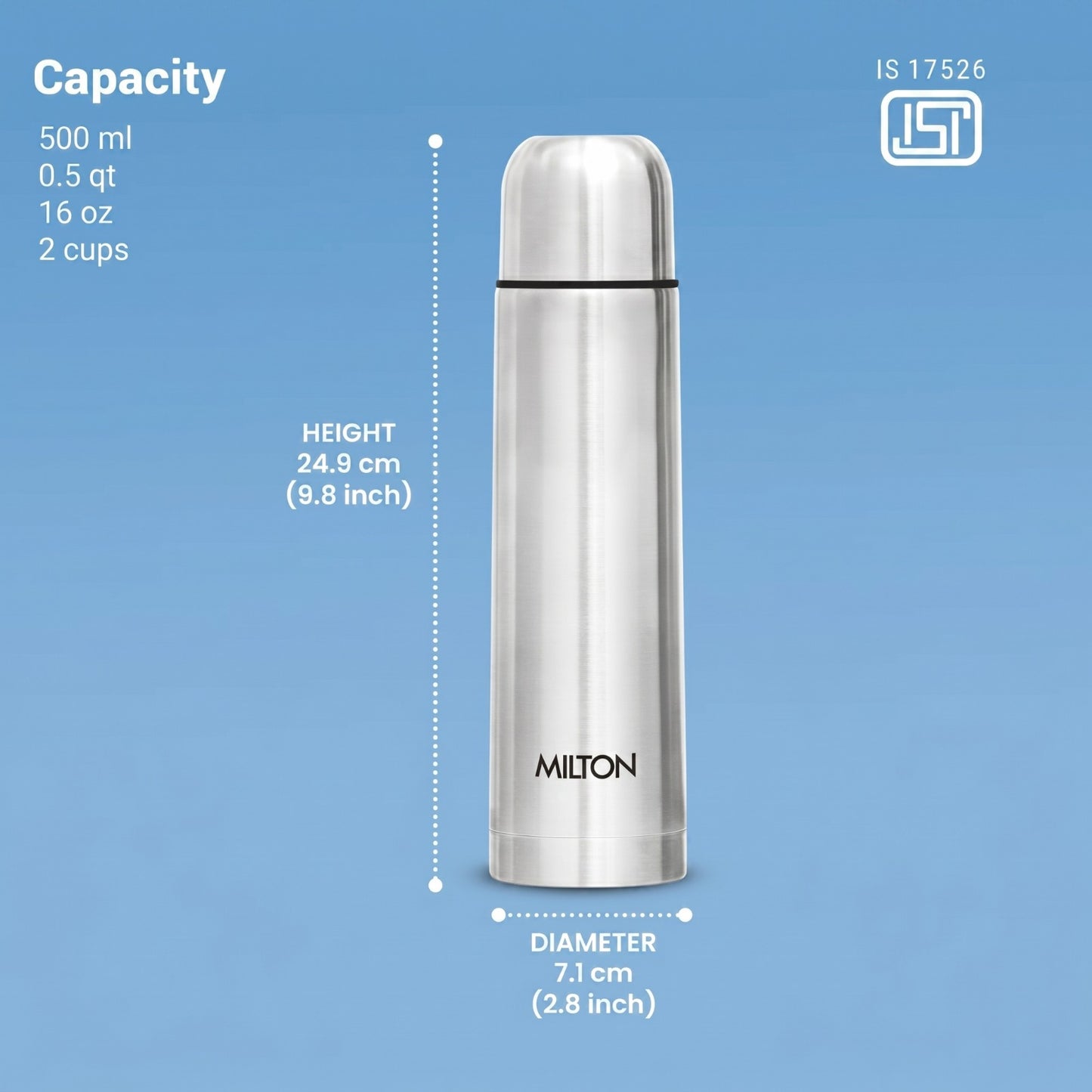 Milton Flip Lid 500ml Thermosteel Water Bottle – 24Hr Hot & Cold, ISI Certified, Leakproof (Silver)