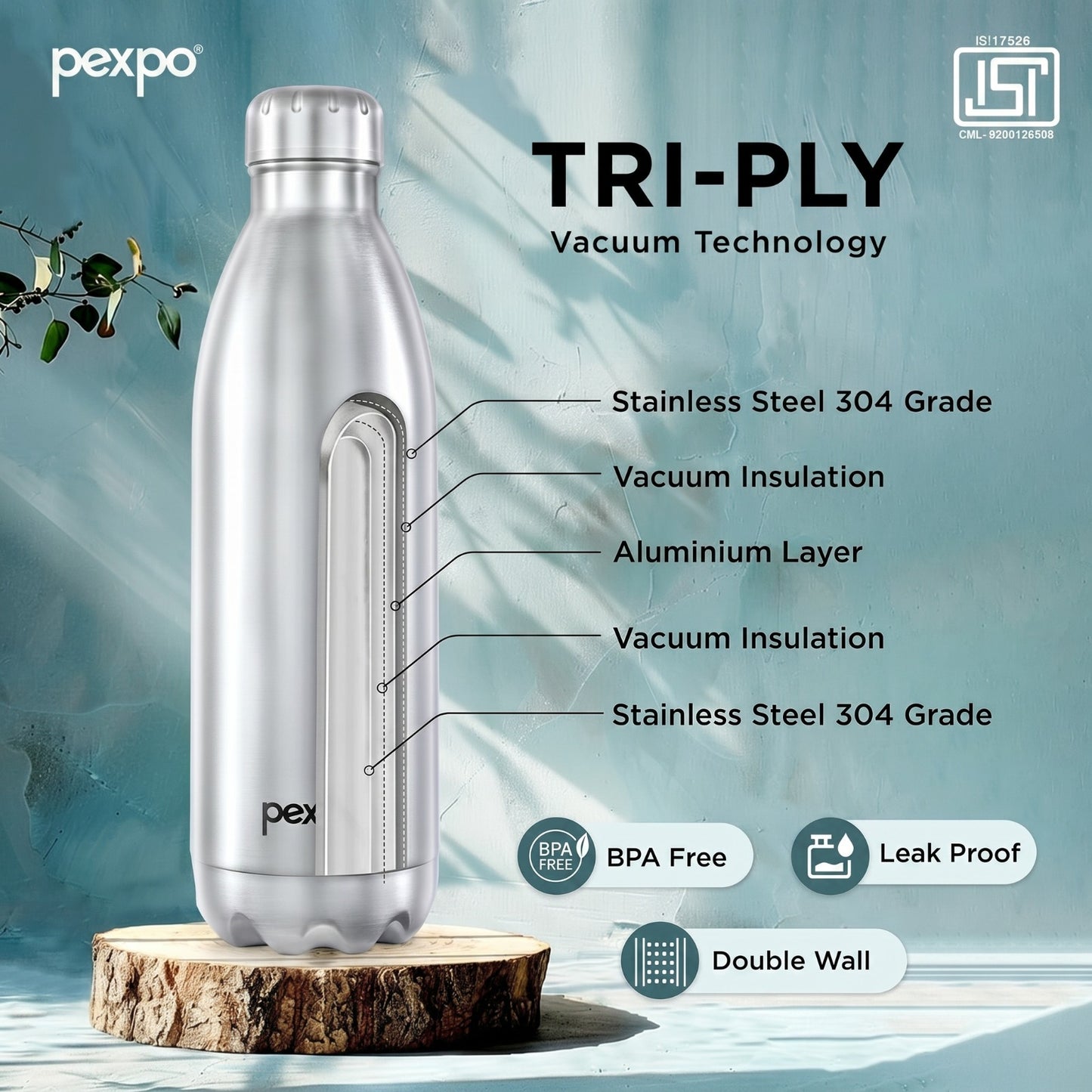 Pexpo Hot & Cold thermosteel Water Bottle with Jute-bag, Leakproof 1750 ml Steel Flask (Pack of 1, Silver)