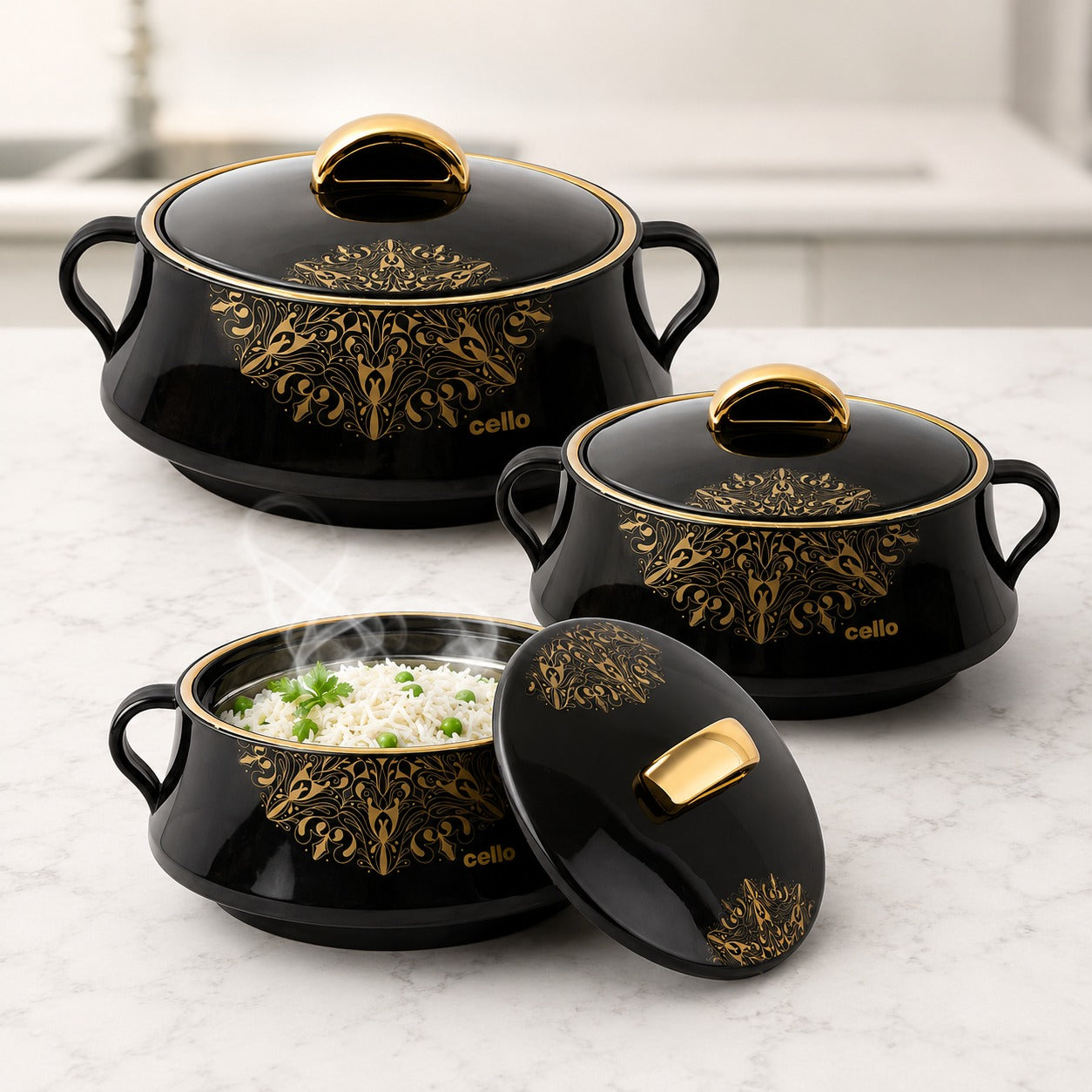 Cello Midas Pack of 3 Thermoware Casserole Set Black (500 ml, 1000 ml, 1500 ml)
