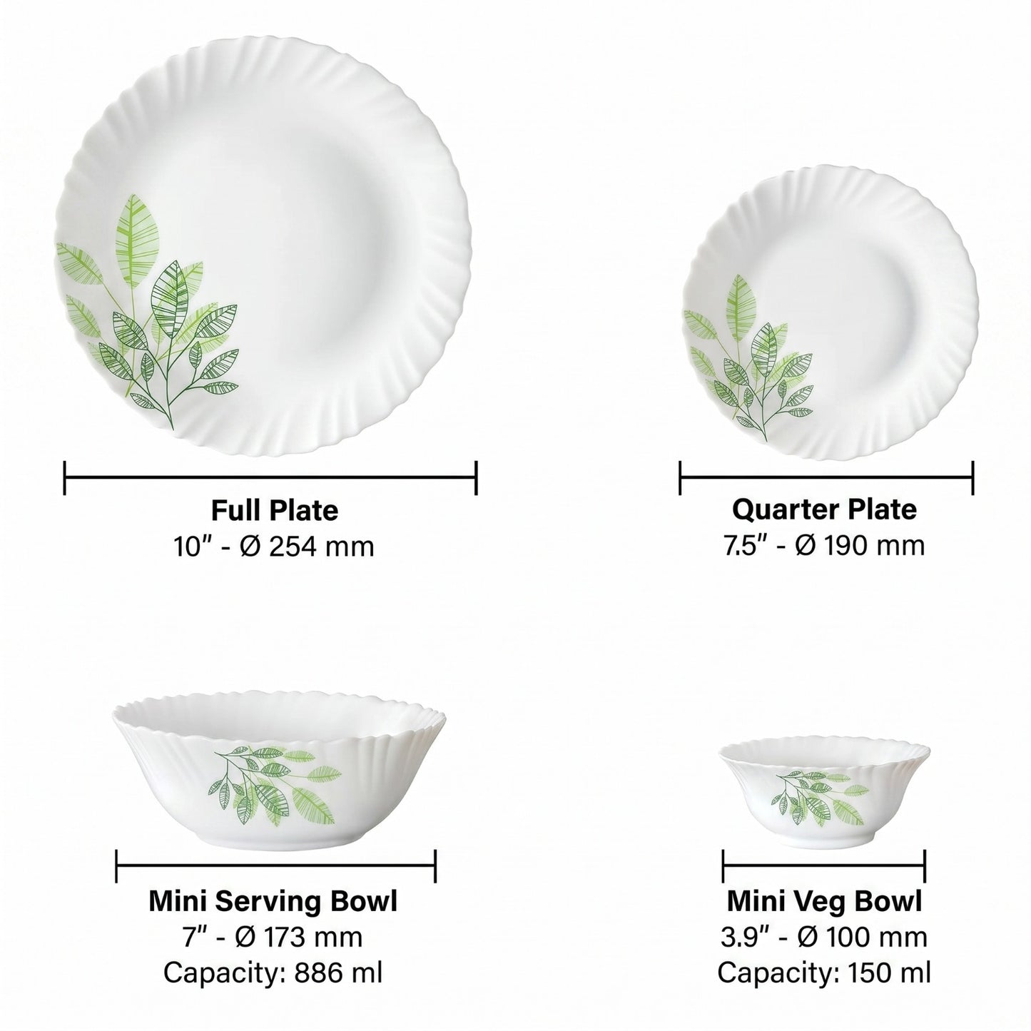 Larah by BOROSIL Pack of 17 Opalware Fauna Galaxy Series Crockery Dinner Set Green (Microwave Safe)