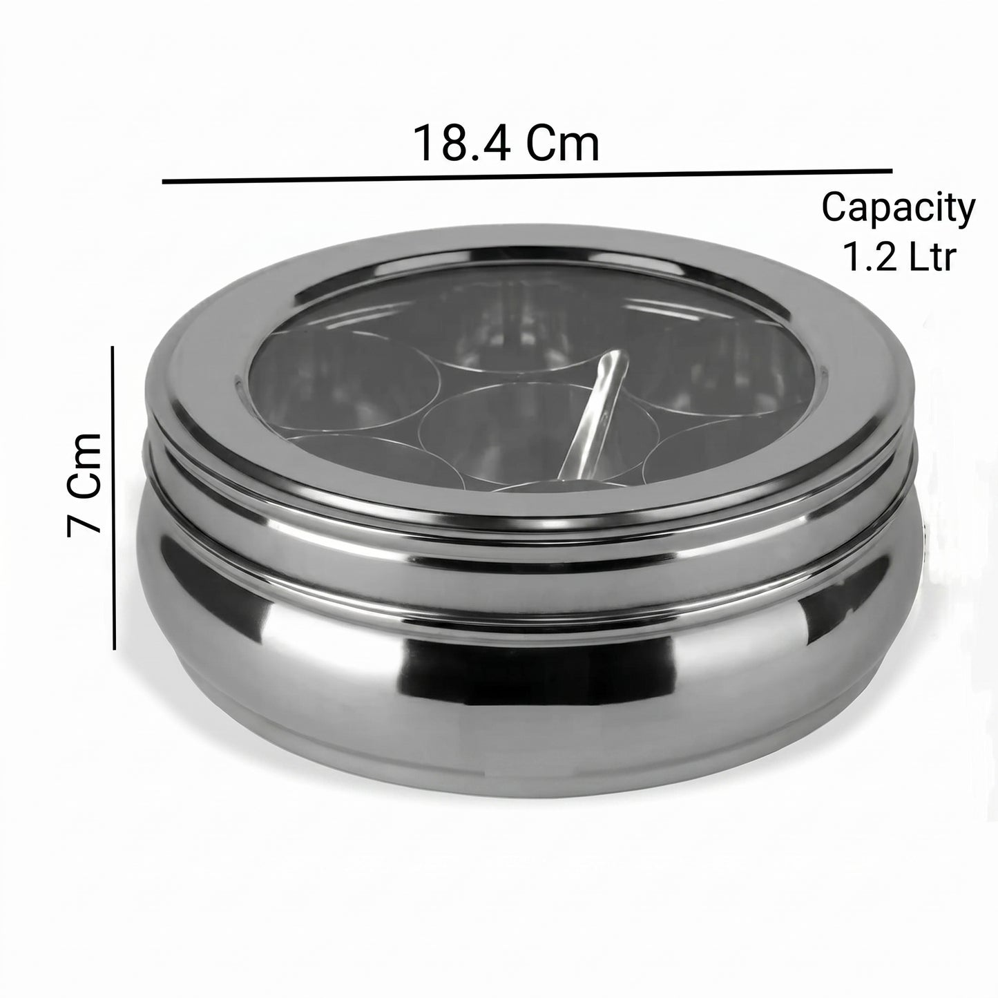 Stainless Steel Masala Box 7 Container with Glass Lid – 1200ml Spice Storage Dabba (Silver)
