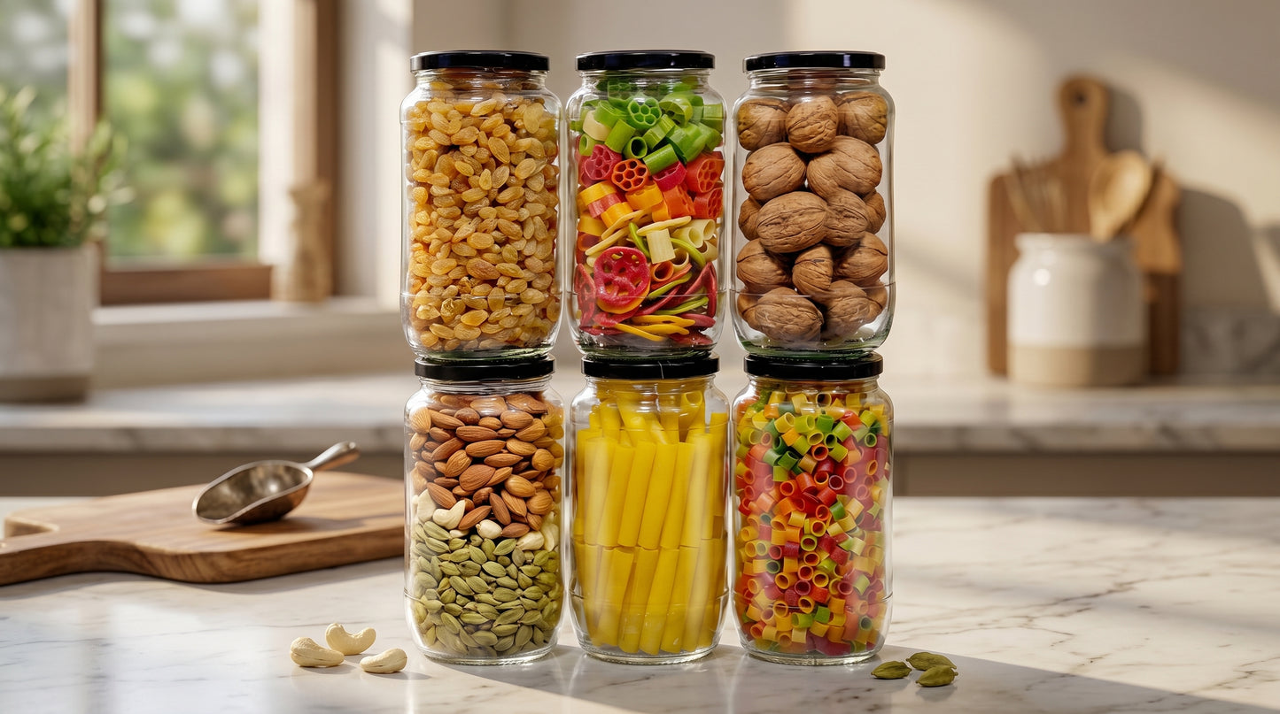 Dailibasket Glass Storage Jar Set – 1100 ml Airtight Kitchen Containers with Black Lid (Pack of 6, Clear)