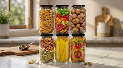 Dailibasket Glass Storage Jar Set – 1100 ml Airtight Kitchen Containers with Black Lid (Pack of 6, Clear)