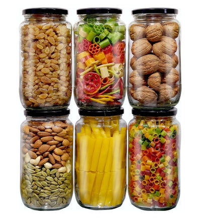 Dailibasket Glass Storage Jar Set – 1100 ml Airtight Kitchen Containers with Black Lid (Pack of 6, Clear)