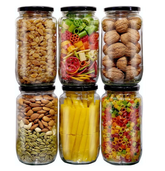 Dailibasket Glass Storage Jar Set – 1100 ml Airtight Kitchen Containers with Black Lid (Pack of 6, Clear)