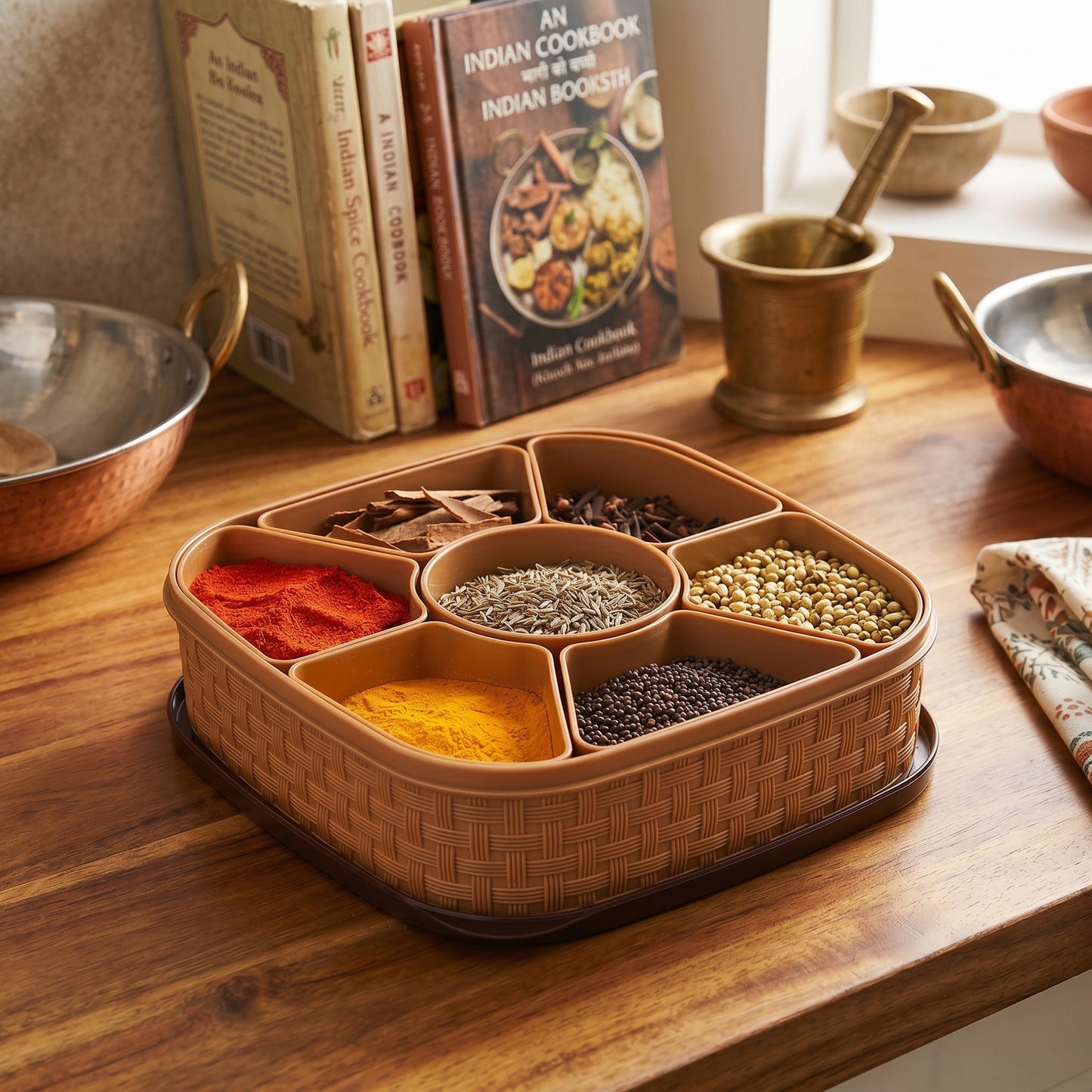 Masala Box 7 Section Plastic Spice Storage Container – Wooden Style Masala Dabba (Brown, 500ml)