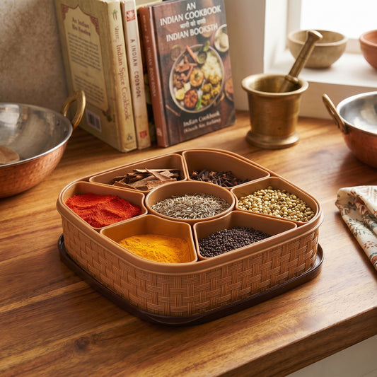 Masala Box 7 Section Plastic Spice Storage Container – Wooden Style Masala Dabba (Brown, 500ml)
