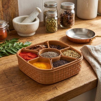 Masala Box 7 Section Plastic Spice Storage Container – Wooden Style Masala Dabba (Brown, 500ml)