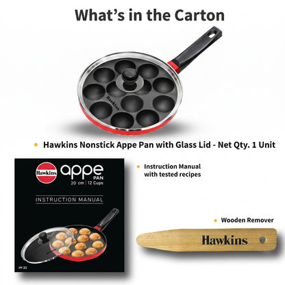 Hawkins 12 Cups Appe Pan with Glass Lid | Non-Stick Appachatty Paniyaram Pan 20cm | Aluminium Kuzhi Paniyaram Maker (NAPE20G)