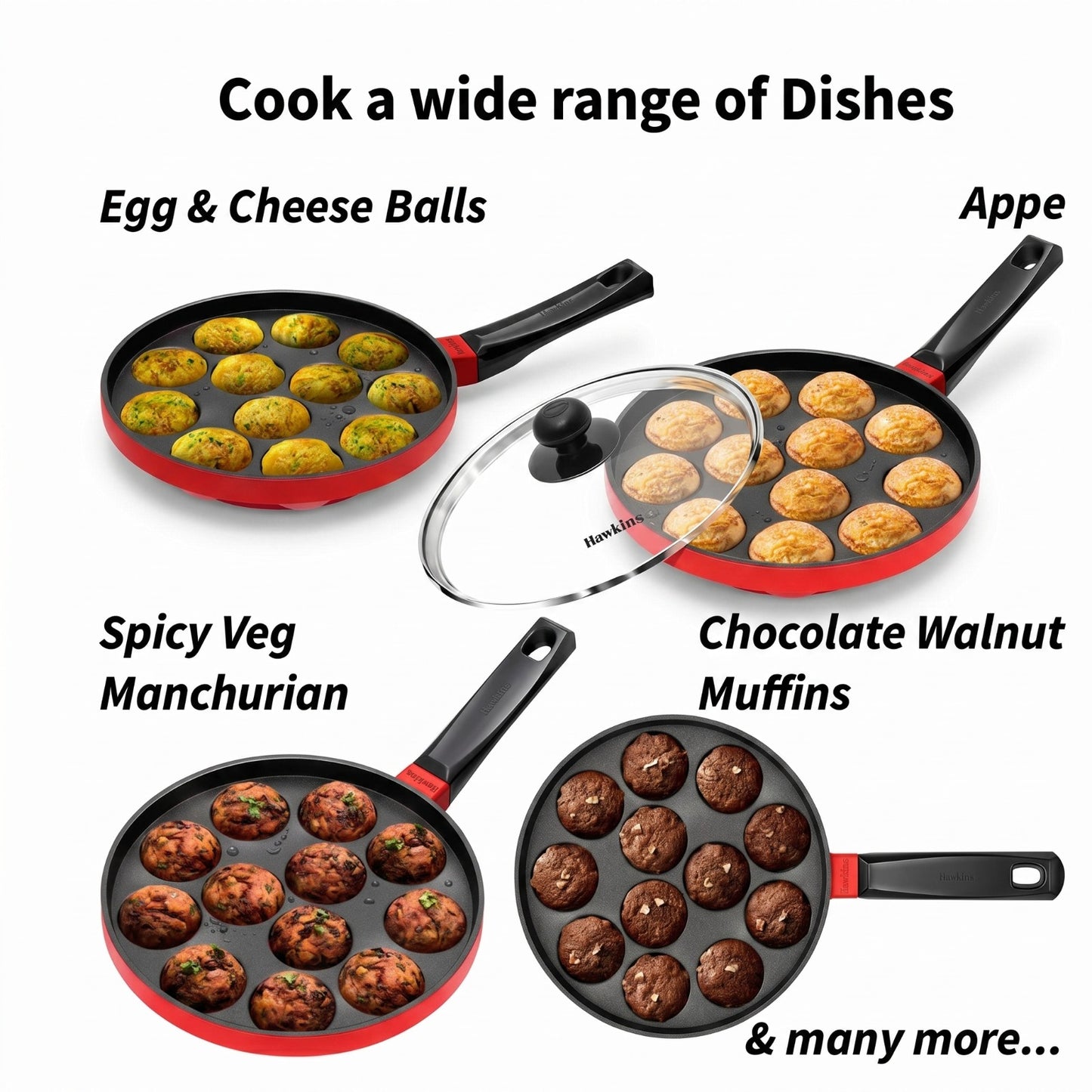 Hawkins 12 Cups Appe Pan with Glass Lid | Non-Stick Appachatty Paniyaram Pan 20cm | Aluminium Kuzhi Paniyaram Maker (NAPE20G)