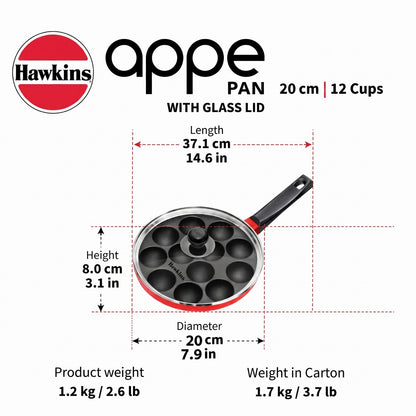 Hawkins 12 Cups Appe Pan with Glass Lid | Non-Stick Appachatty Paniyaram Pan 20cm | Aluminium Kuzhi Paniyaram Maker (NAPE20G)