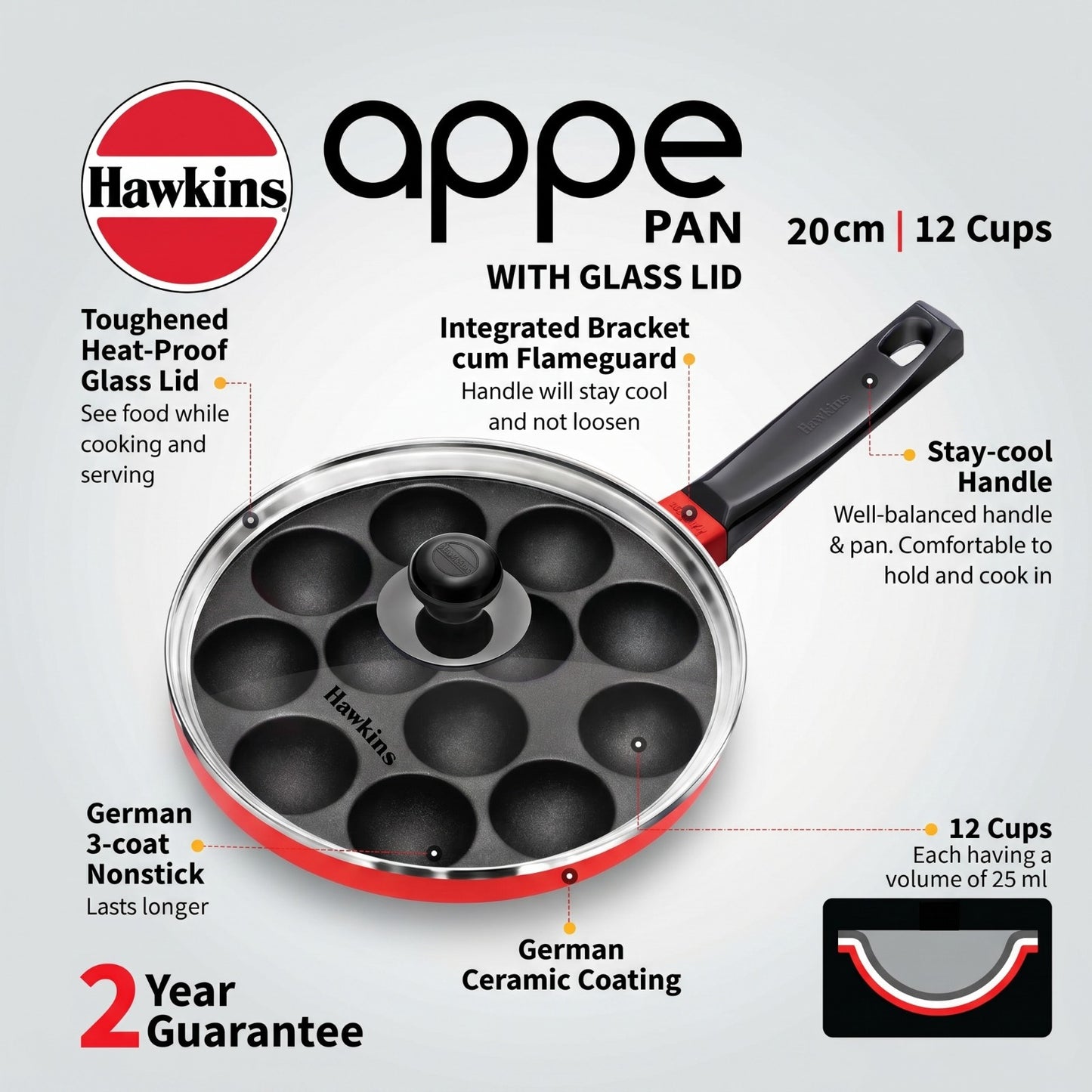 Hawkins 12 Cups Appe Pan with Glass Lid | Non-Stick Appachatty Paniyaram Pan 20cm | Aluminium Kuzhi Paniyaram Maker (NAPE20G)