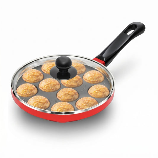 Hawkins 12 Cups Appe Pan with Glass Lid | Non-Stick Appachatty Paniyaram Pan 20cm | Aluminium Kuzhi Paniyaram Maker (NAPE20G)