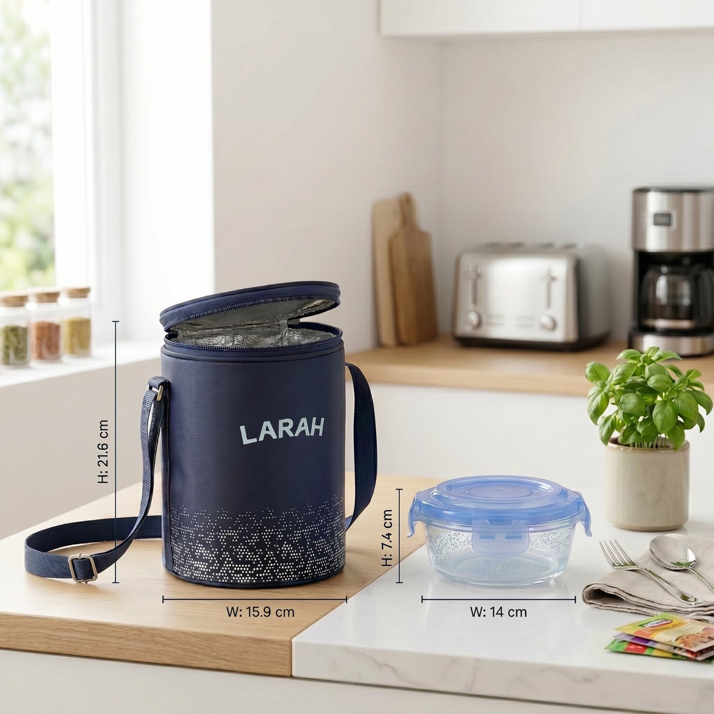 Larah Glassware Speckle Blue Borosilicate Glass Lunchbox, 3pc Round Set (400ml x 3) Tiffin 3 Containers Glass Office Lunch Box (400 ml)