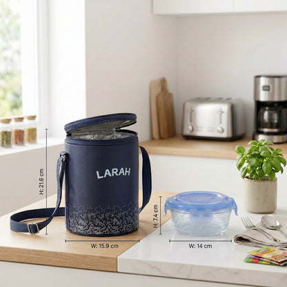 Larah Glassware Speckle Blue Borosilicate Glass Lunchbox, 3pc Round Set (400ml x 3) Tiffin 3 Containers Glass Office Lunch Box (400 ml)