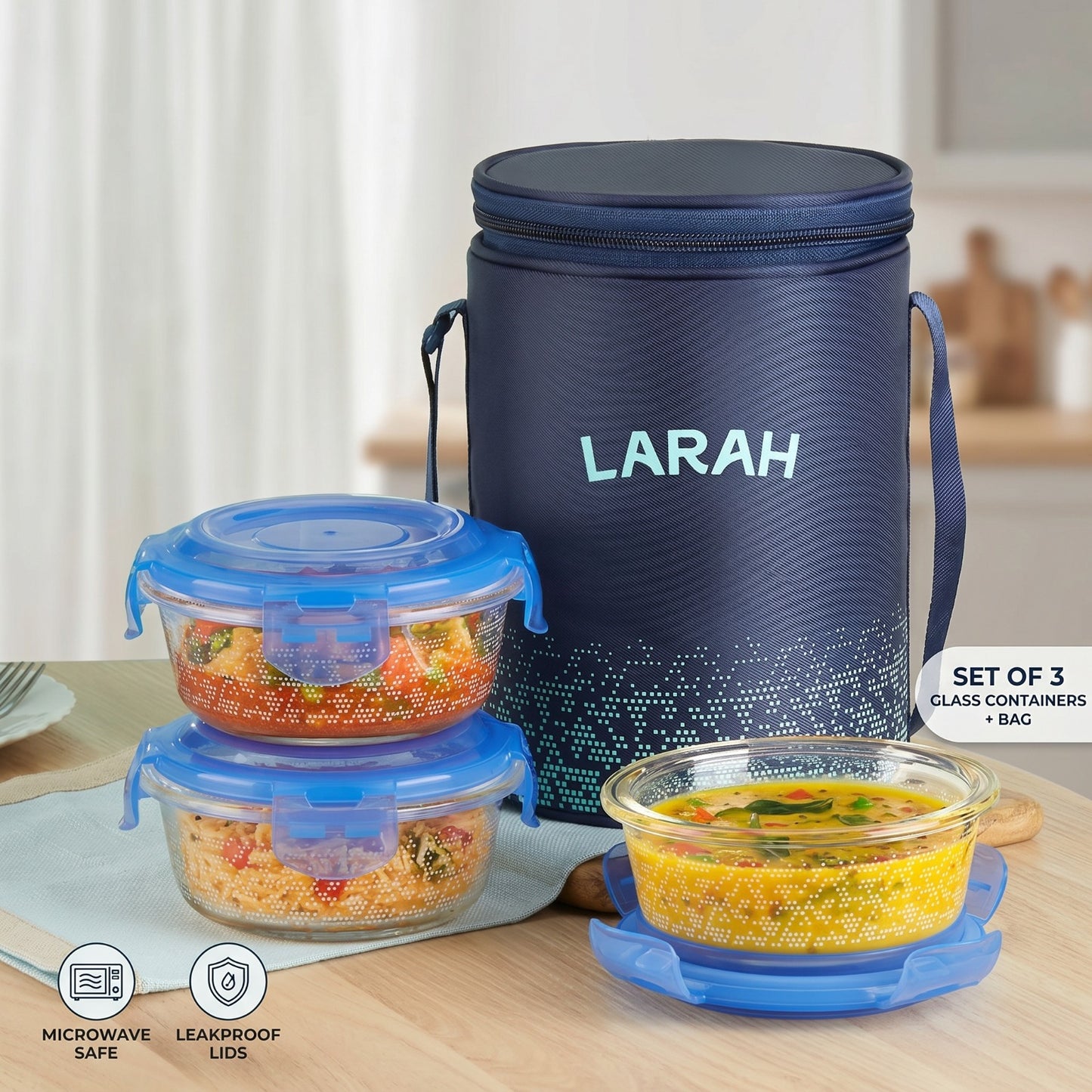 Larah Glassware Speckle Blue Borosilicate Glass Lunchbox, 3pc Round Set (400ml x 3) Tiffin 3 Containers Glass Office Lunch Box (400 ml)