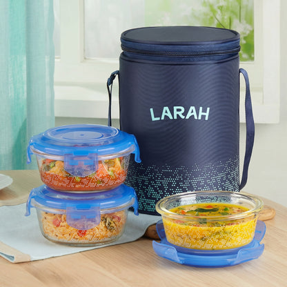Larah Glassware Speckle Blue Borosilicate Glass Lunchbox, 3pc Round Set (400ml x 3) Tiffin 3 Containers Glass Office Lunch Box (400 ml)
