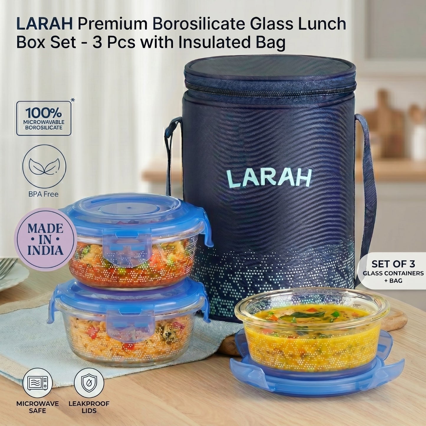 Larah Glassware Speckle Blue Borosilicate Glass Lunchbox, 3pc Round Set (400ml x 3) Tiffin 3 Containers Glass Office Lunch Box (400 ml)