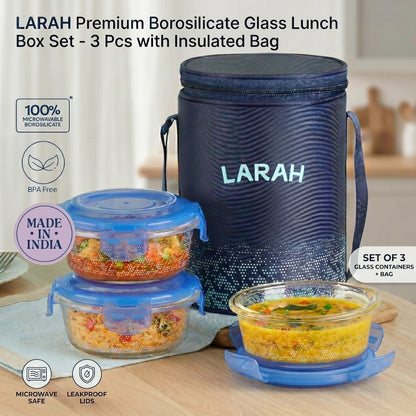 Larah Glassware Speckle Blue Borosilicate Glass Lunchbox, 3pc Round Set (400ml x 3) Tiffin 3 Containers Glass Office Lunch Box (400 ml)