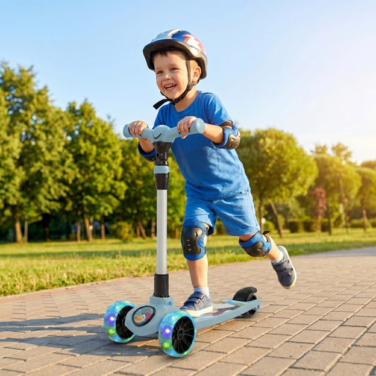 Miss & Chief Spartan Penguin 3 Wheel Kick Scooter for Kids | Foldable Adjustable Height Scooter with LED Wheels | Blue