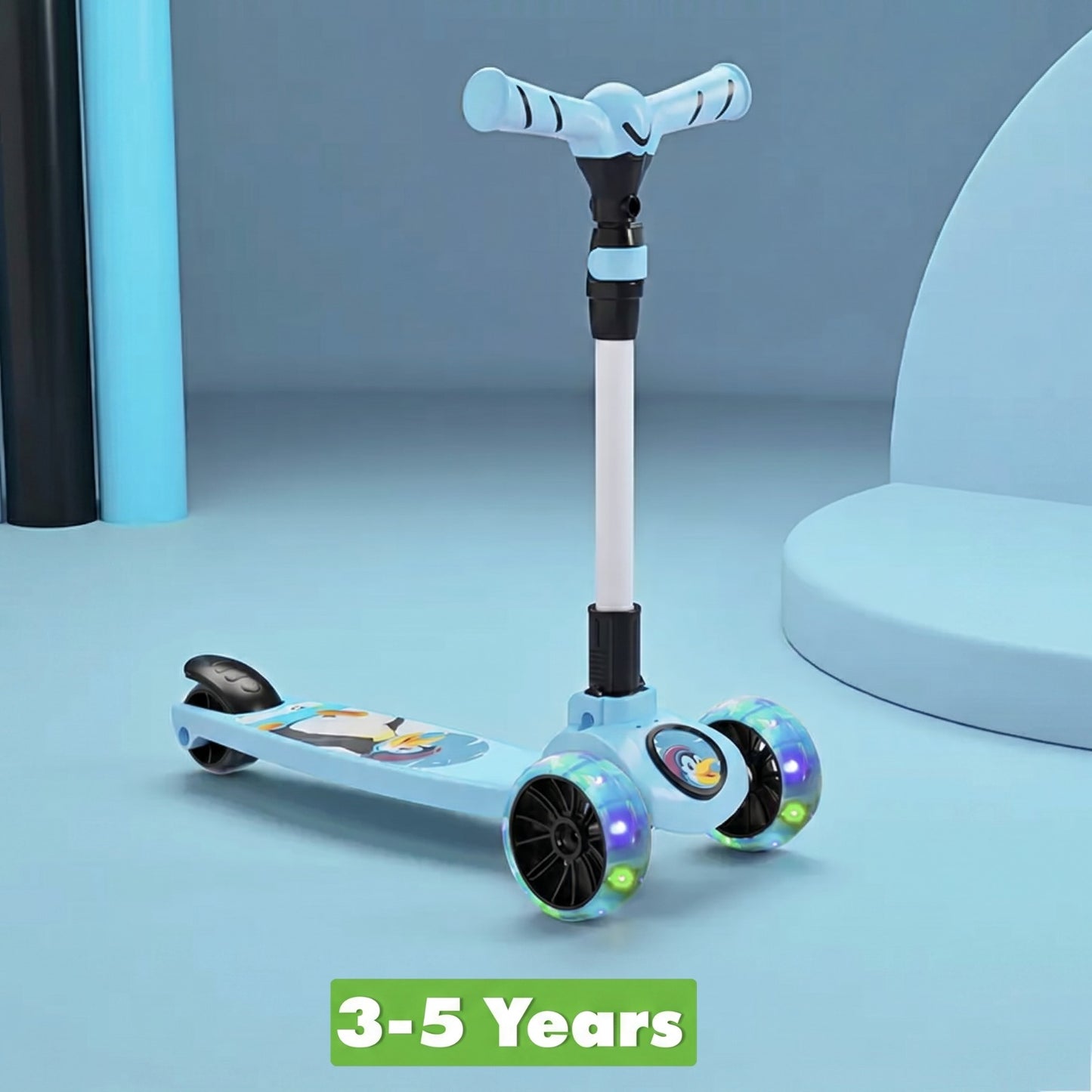 Miss & Chief Spartan Penguin 3 Wheel Kick Scooter for Kids | Foldable Adjustable Height Scooter with LED Wheels | Blue