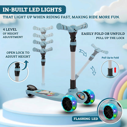 Miss & Chief Spartan Penguin 3 Wheel Kick Scooter for Kids | Foldable Adjustable Height Scooter with LED Wheels | Blue
