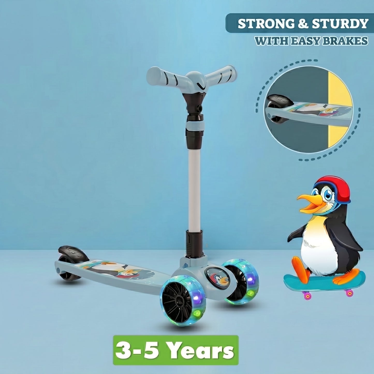 Miss & Chief Spartan Penguin 3 Wheel Kick Scooter for Kids | Foldable Adjustable Height Scooter with LED Wheels | Blue