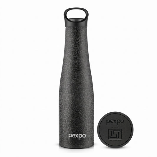 Pexpo Morocco Stainless Steel Water Bottle 600ml – Hot & Cold Vacuum Insulated Flask | Leakproof Loop Cap (Black)