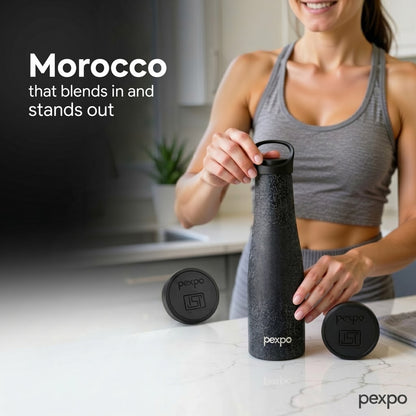 Pexpo Morocco Stainless Steel Water Bottle 600ml – Hot & Cold Vacuum Insulated Flask | Leakproof Loop Cap (Black)