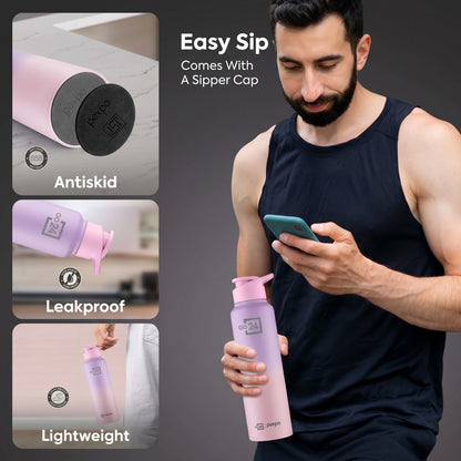 Go24 Stainless Steel Water Bottle 950ml – Leakproof Sipper Cap | Gym, School & Office Bottle (Pink Ombre)
