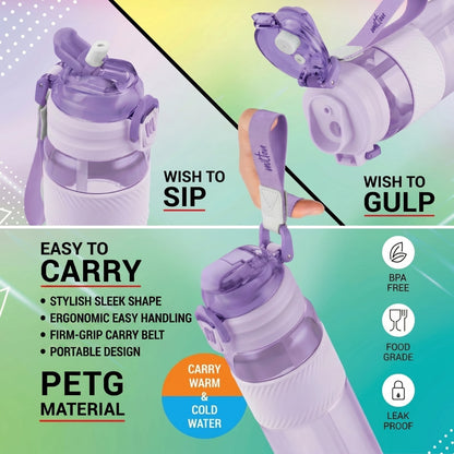 Milton Captain 900 Unbreakable Water Bottle 850 ml – Sip & Gulp Dual Lid, Hand Strap, BPA Free Plastic Bottle (Purple)