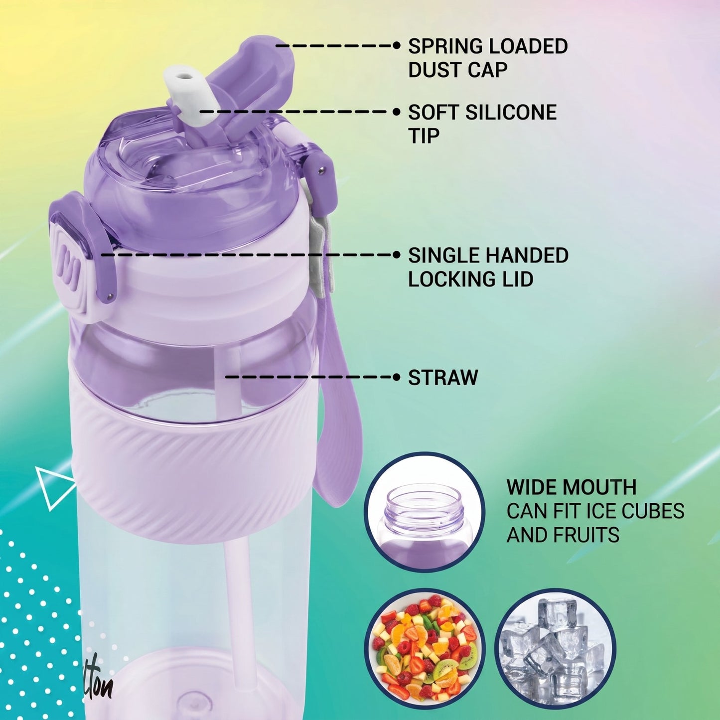 Milton Captain 900 Unbreakable Water Bottle 850 ml – Sip & Gulp Dual Lid, Hand Strap, BPA Free Plastic Bottle (Purple)