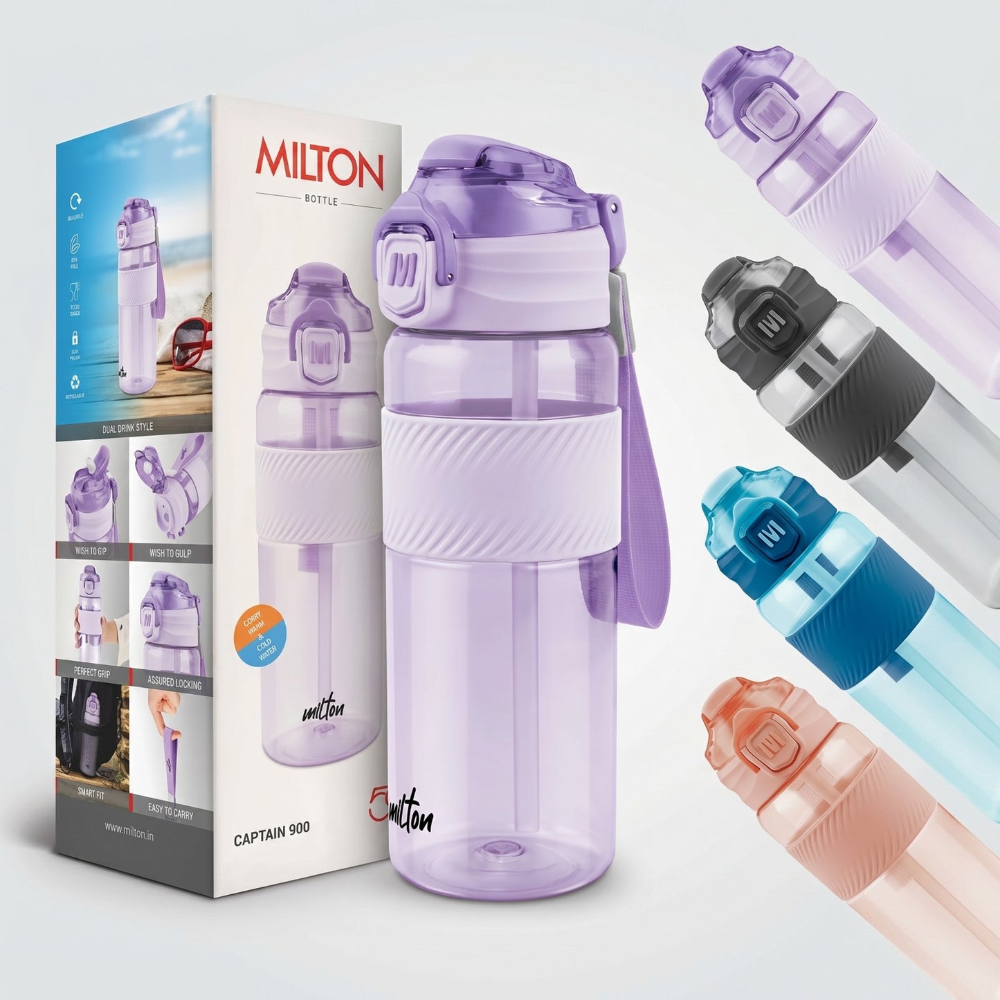 Milton Captain 900 Unbreakable Water Bottle 850 ml – Sip & Gulp Dual Lid, Hand Strap, BPA Free Plastic Bottle (Purple)