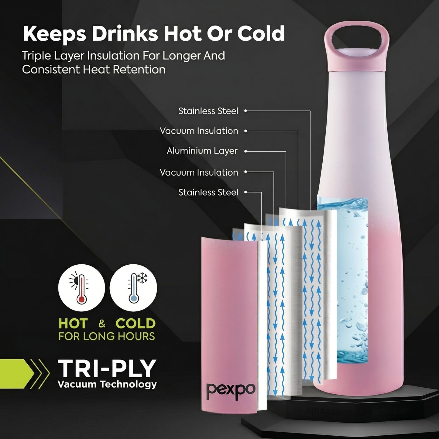 pexpo Morocco 24 Hrs Hot & Cold Stainless Steel Water Bottle Vacuum Insulated 600 ml Steel Flask (Pack of 1, Pink