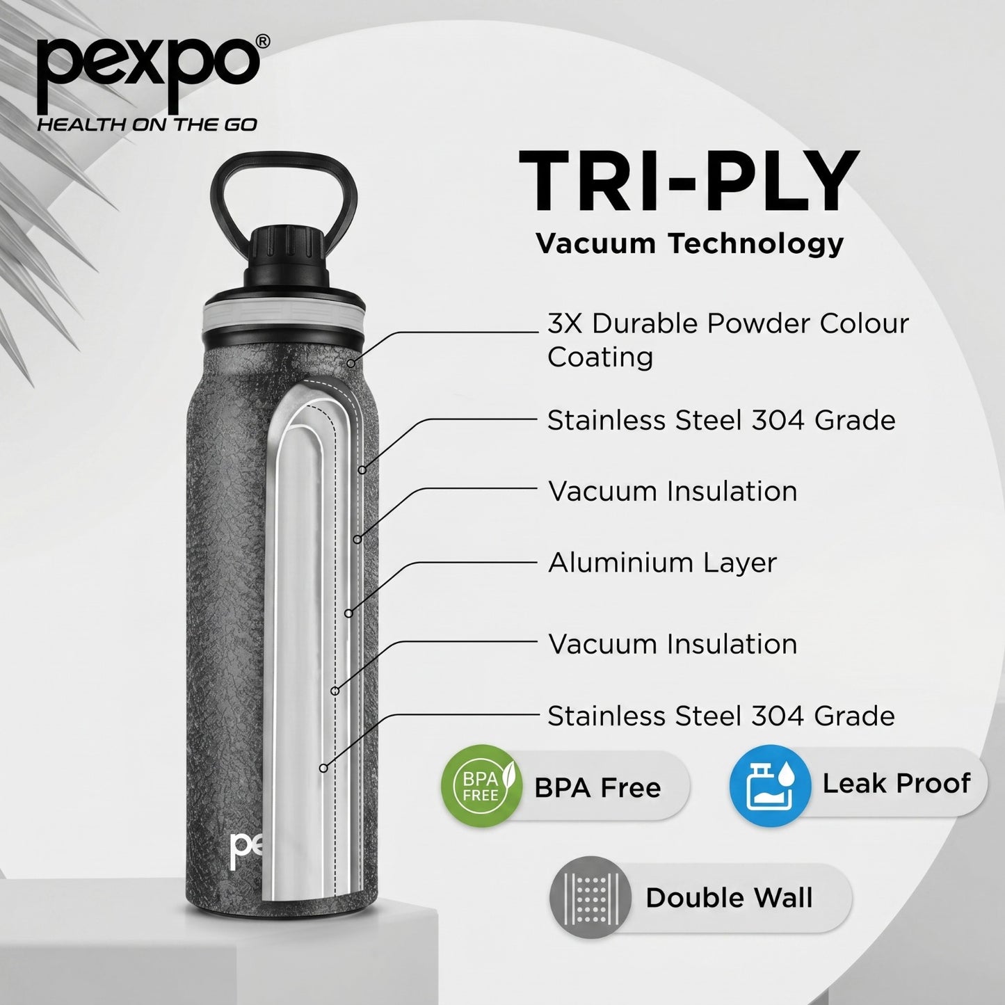 Pexpo Austin Stainless Steel Vacuum Insulated Water Bottle 740ml – SS304 Leakproof Flask with Sipper Cap