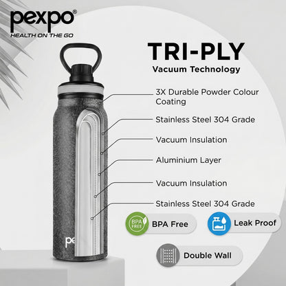 Pexpo Austin Stainless Steel Vacuum Insulated Water Bottle 740ml – SS304 Leakproof Flask with Sipper Cap