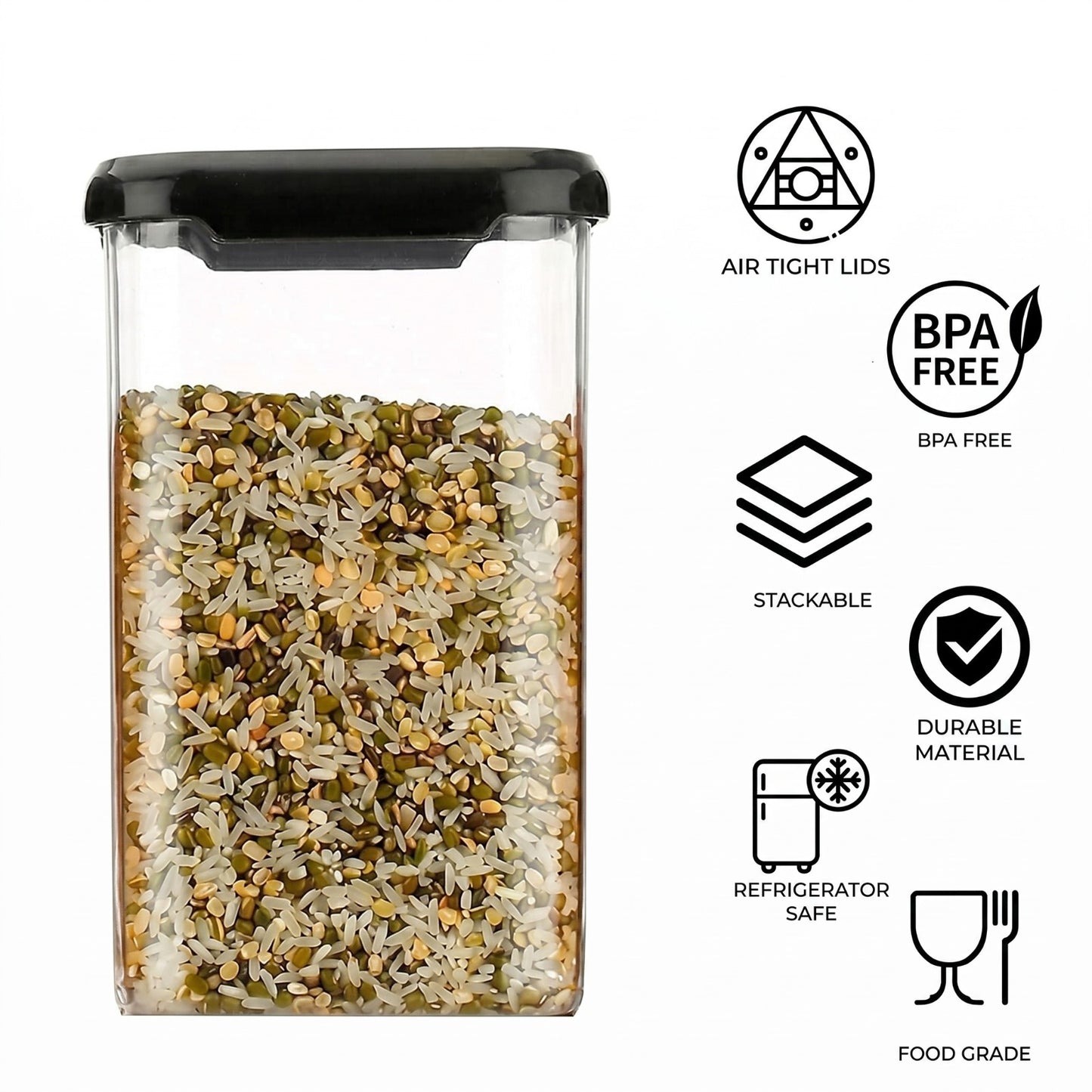 DailiBasket Plastic Grocery Container 1200 ml (Pack of 12, Black)