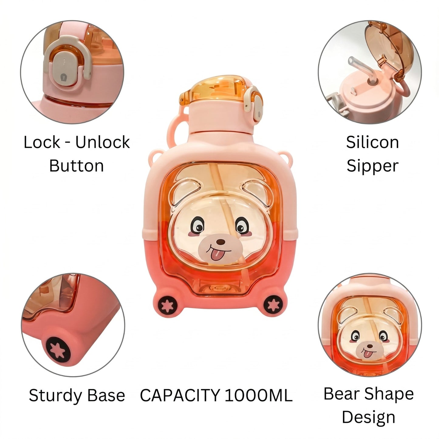 Craftec Teddy Bear Kids Water Bottle 1 Litre – Leakproof Cartoon Printed Sipper Bottle (Multicolor)