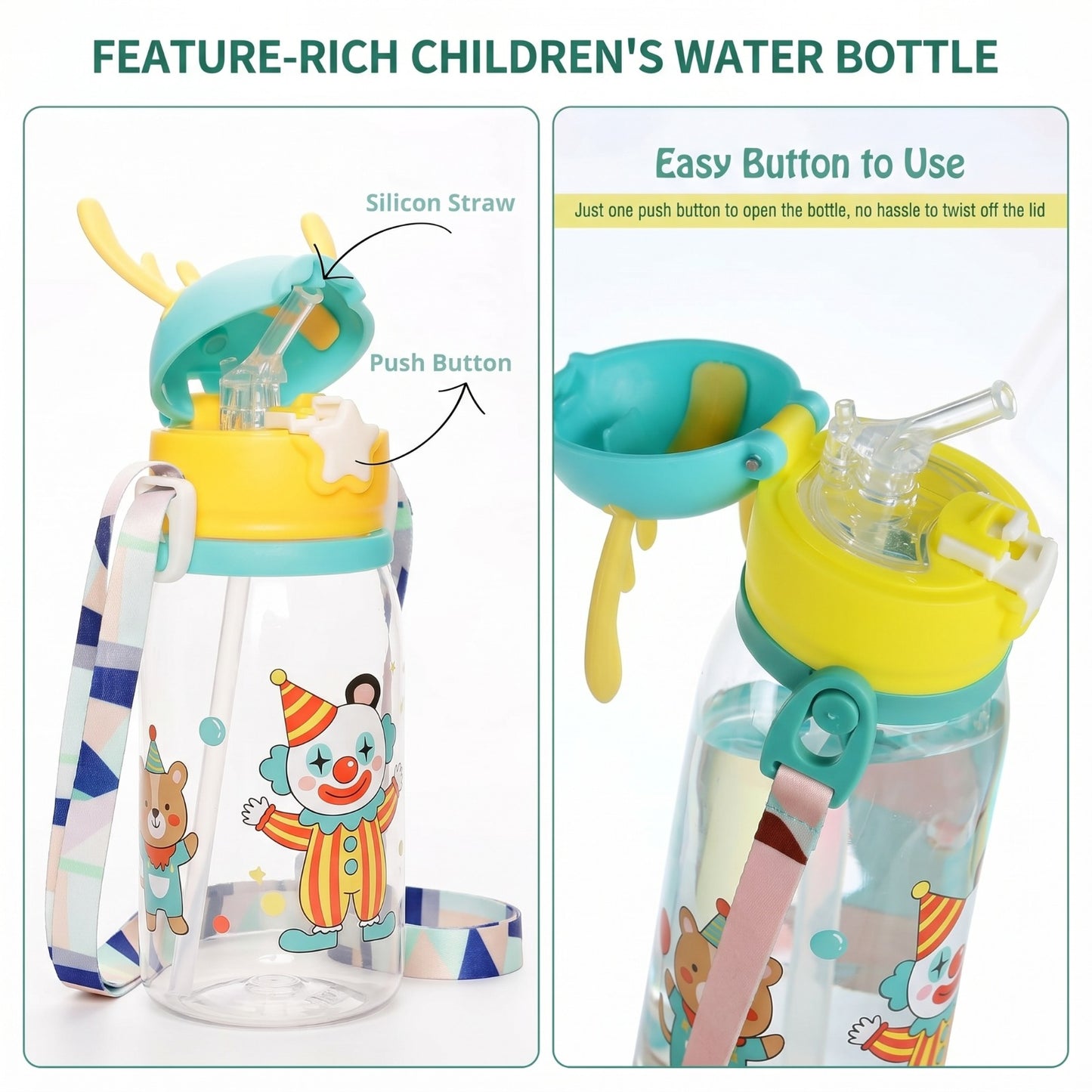 Kids Water Bottle 500ml with Straw & Carry Pouch – Leakproof School Bottle (Cute Cartoon Design)