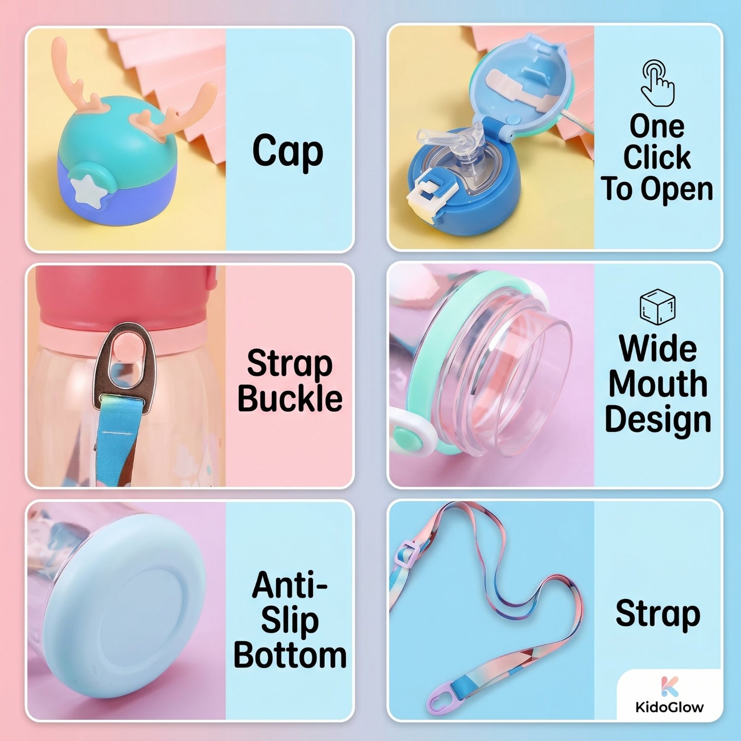 Kids Water Bottle 500ml with Straw & Carry Pouch – Leakproof School Bottle (Cute Cartoon Design)