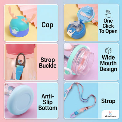 Kids Water Bottle 500ml with Straw & Carry Pouch – Leakproof School Bottle (Cute Cartoon Design)