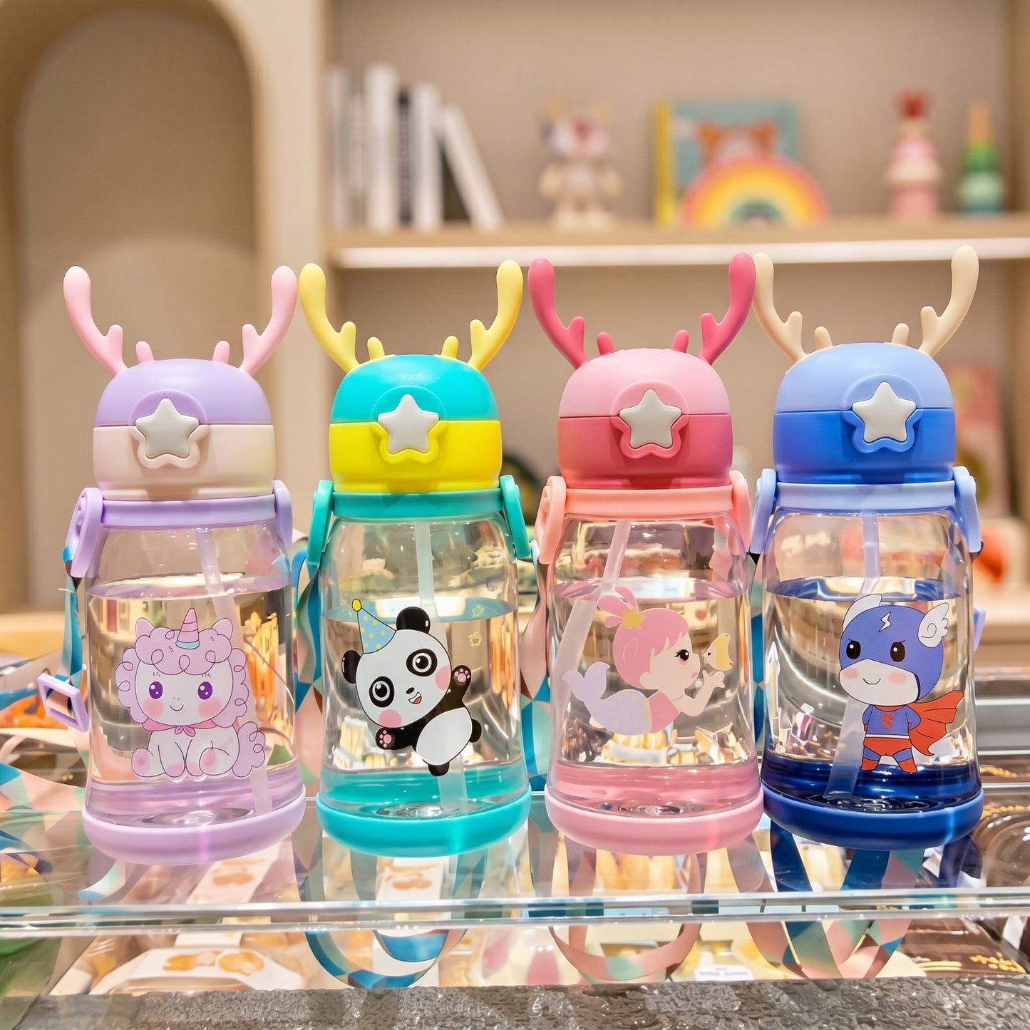 Kids Water Bottle 500ml with Straw & Carry Pouch – Leakproof School Bottle (Cute Cartoon Design)