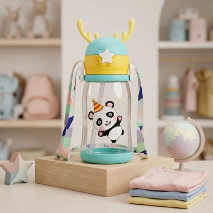 Kids Water Bottle 500ml with Straw & Carry Pouch – Leakproof School Bottle (Cute Cartoon Design)