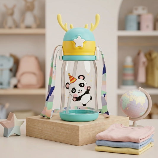 Kids Water Bottle 500ml with Straw & Carry Pouch – Leakproof School Bottle (Cute Cartoon Design)