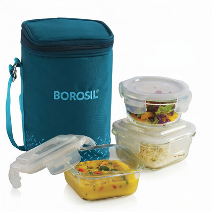 BOROSIL  3 Pc (320 ml x 2 + 240ml x 1 ), Office Tiifin 3 Containers Glass Office Lunch Box (880 ml)