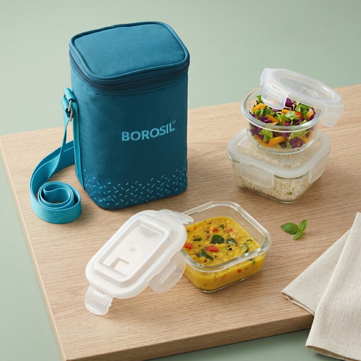 BOROSIL  3 Pc (320 ml x 2 + 240ml x 1 ), Office Tiifin 3 Containers Glass Office Lunch Box (880 ml)