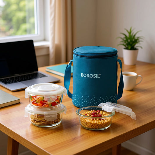 BOROSIL Teal Lunch Box with Bag, 3 Pc (400 ml x 2), Glass Office Tiffin 3 Containers Glass Office Lunch Box (800 ml)