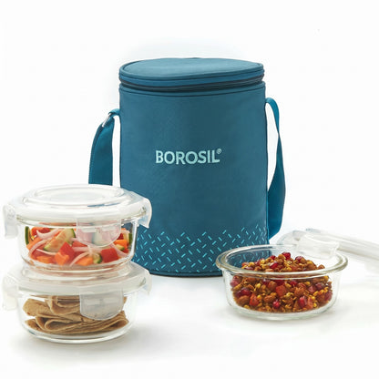 BOROSIL Teal Lunch Box with Bag, 3 Pc (400 ml x 2), Glass Office Tiffin 3 Containers Glass Office Lunch Box (800 ml)