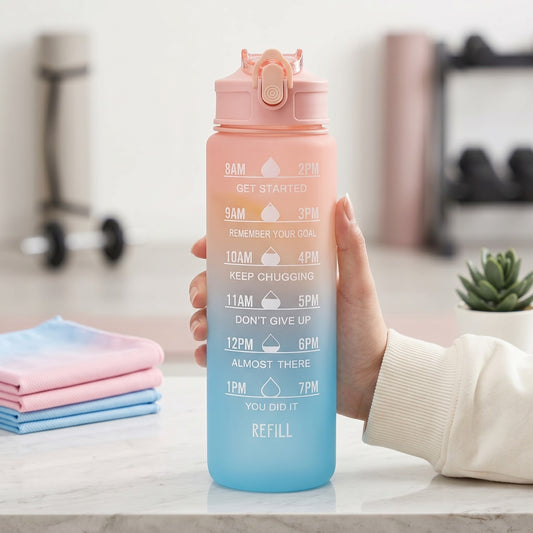 Motivational Water Bottle 900ml with Time Marker & Straw – Leakproof Sipper Bottle (Multicolor)